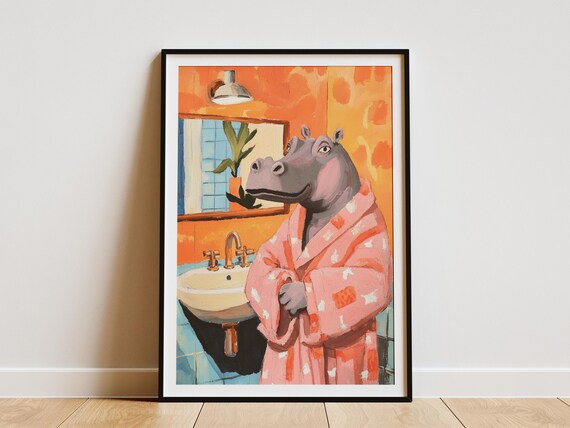 Hippopotamus in Pink Polka Dot Bathrobe Orange Bathroom Poster
