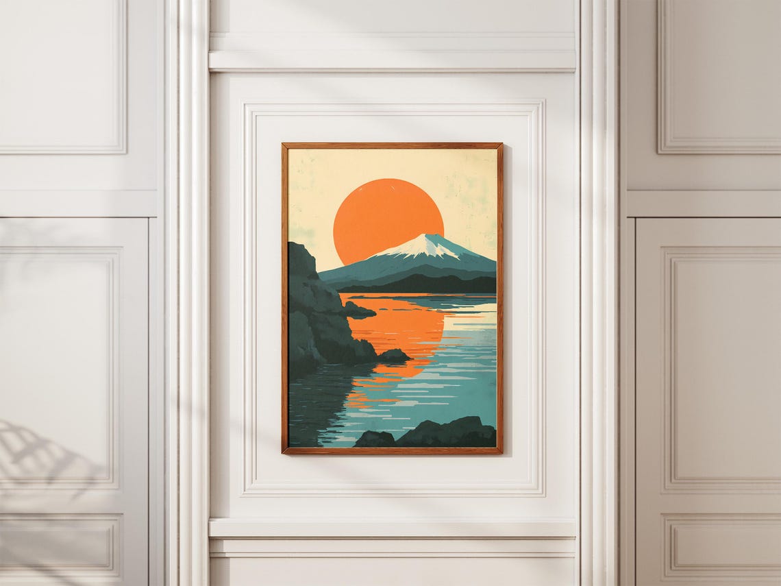 Giant Orange Sun Snowcapped Volcano Lake Sunset Nature Poster - Image 2