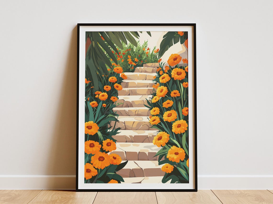 Orange Marigolds Crowding a Sunlit Stone Garden Staircase Poster