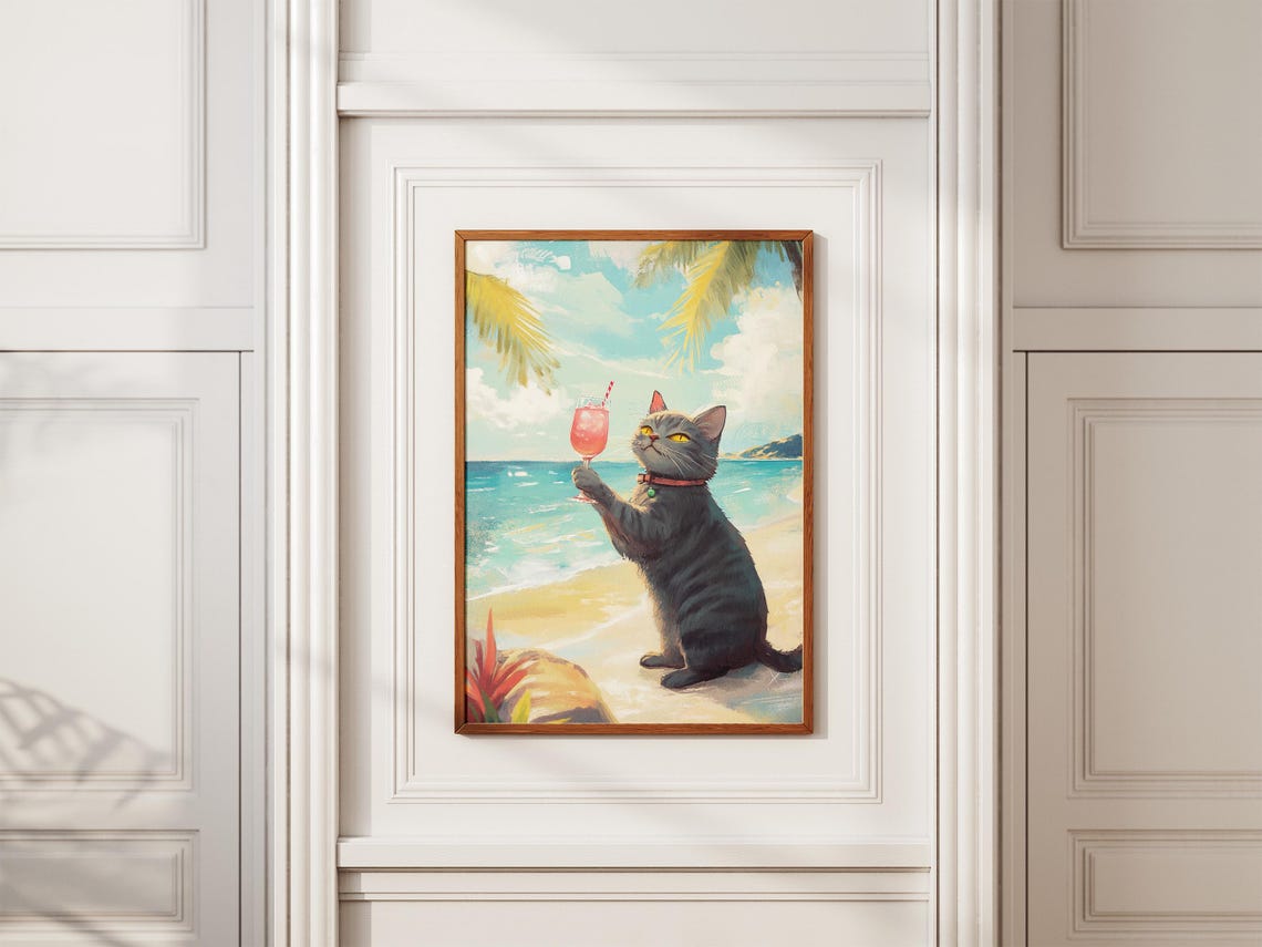 Adorable Grey Tabby Cat Holding Pink Cocktail On The Beach Poster - Image 2