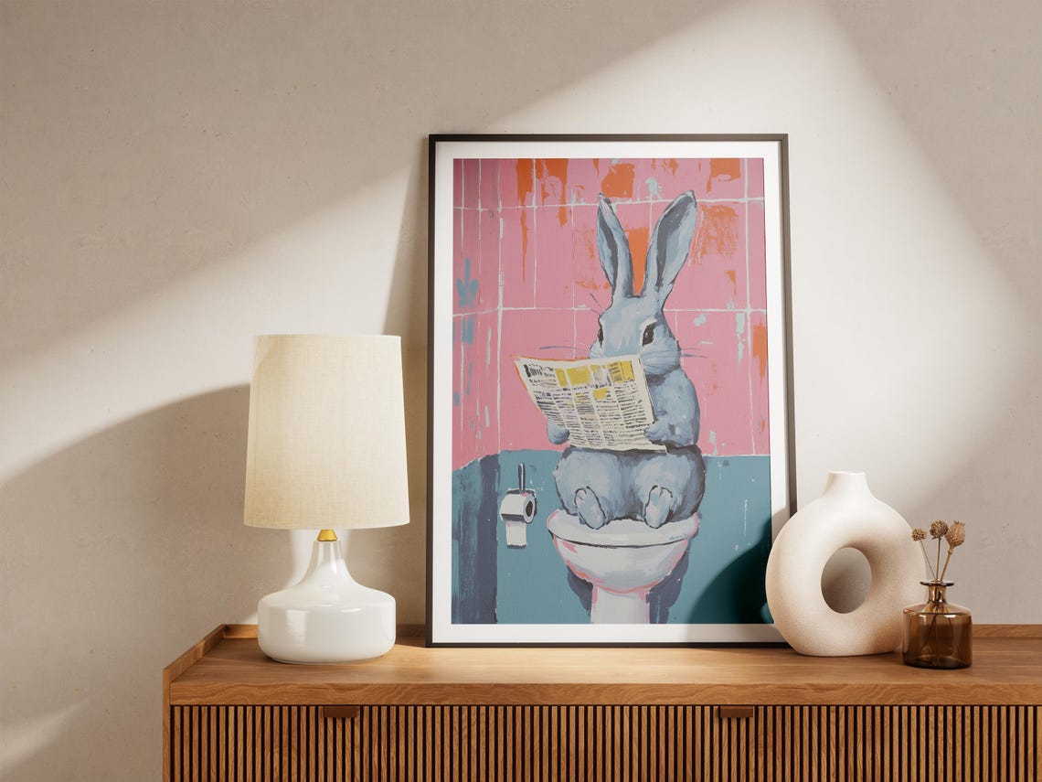 Rabbit on Toilet Reading Newspaper Funny Bathroom Bunny Poster - Image 5