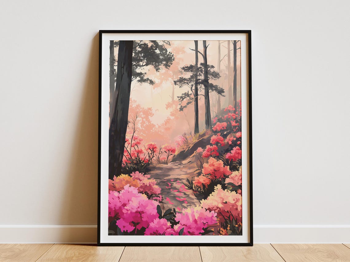 Pink Azalea Misty Forest Trail Dreamy Blossom Grove Scene Poster