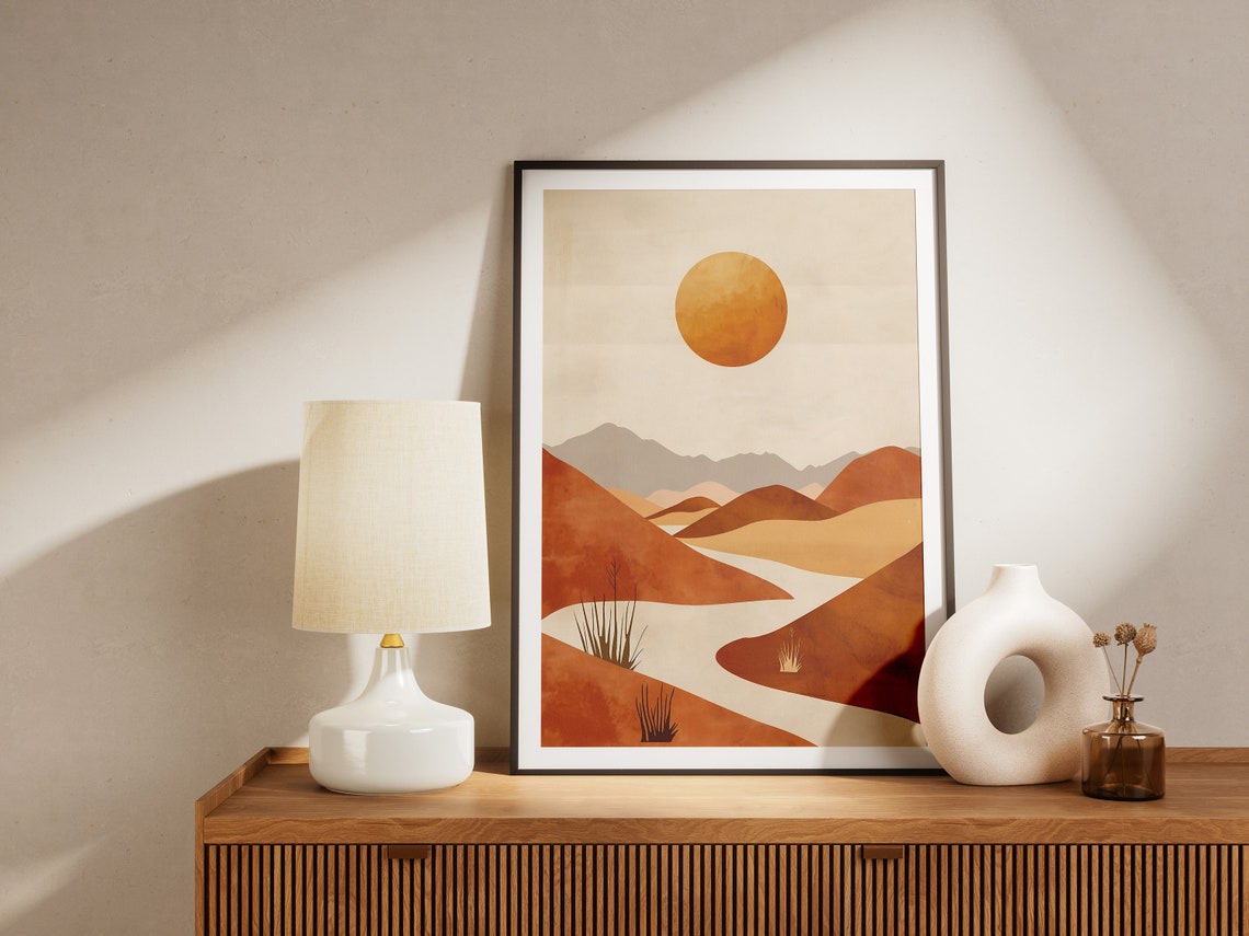 Orange Sun Over Rust Desert Canyons Abstract Landscape Poster - Image 2