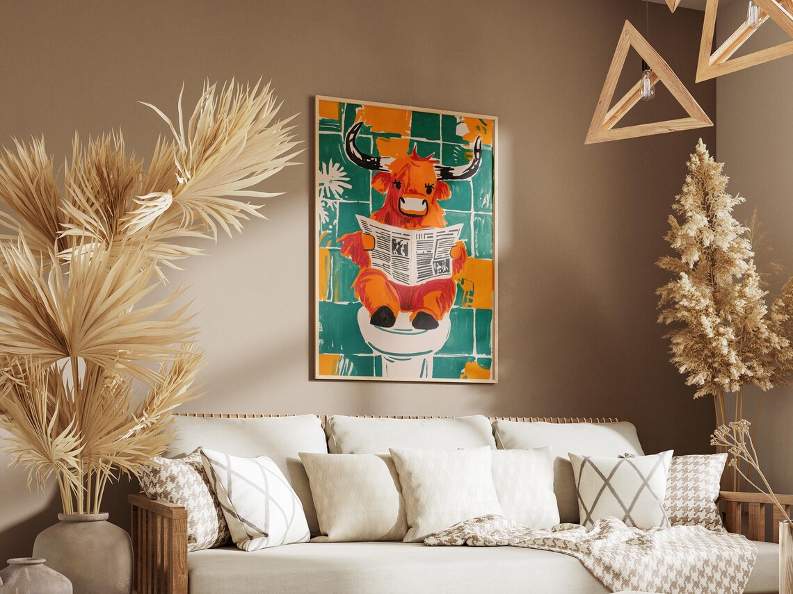 Funny Red Highland Cow Reading Newspaper On Toilet Cow Poster - Image 3