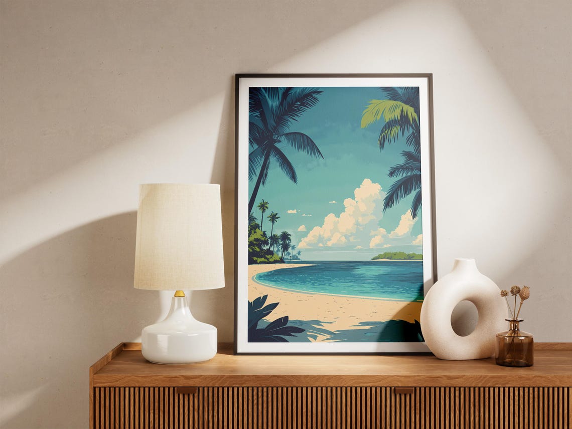 Turquoise Tropical Beach Palm Trees White Clouds Summer Poster - Image 5