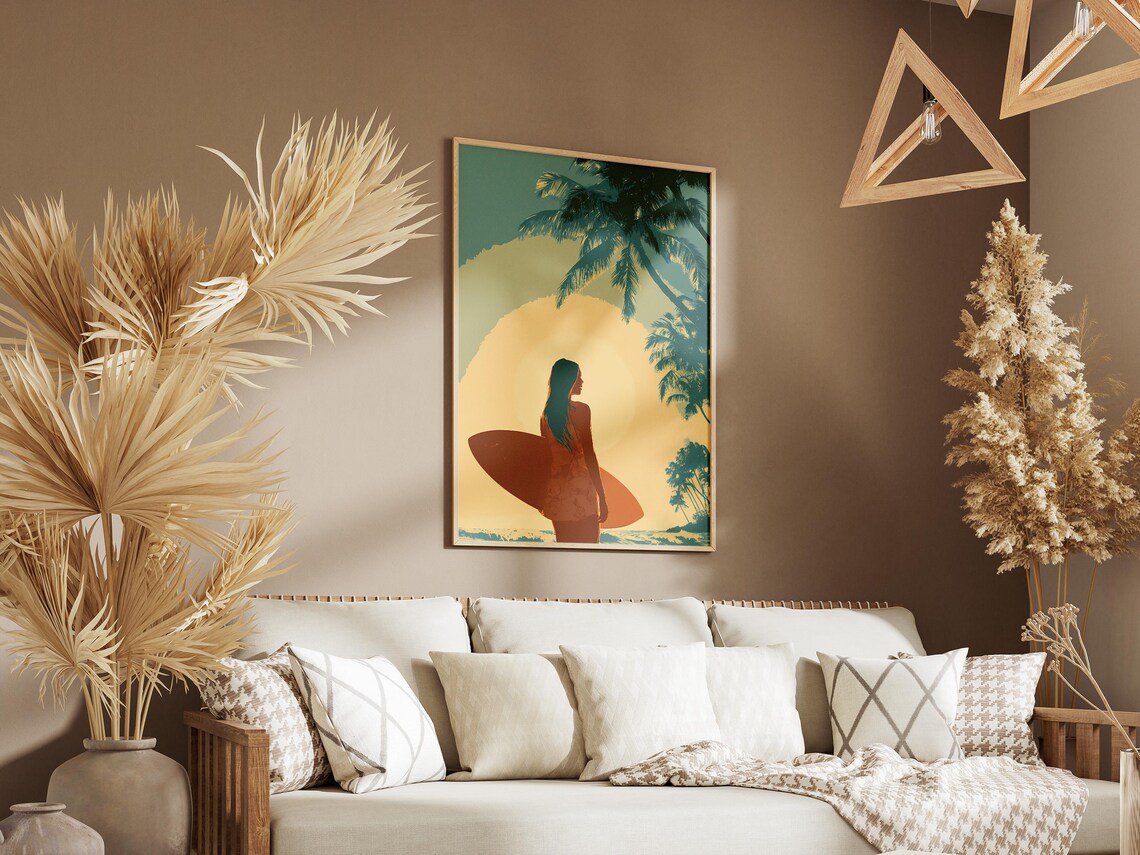 Tropical Surfer Girl Sunset Palm Trees Surfboard Retro Beach Poster - Image 3