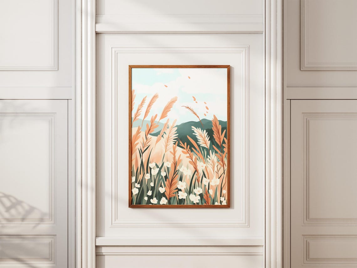Autumn Meadow Grasses and Wildflowers with Green Mountains Poster - Image 2