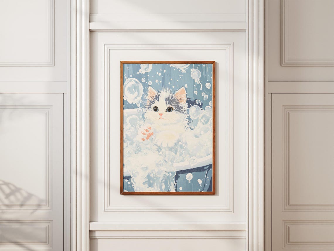 Fluffy Gray Kitten in Blue Bubble Bath Sweet Kitten Cat Art Poster - Image 2