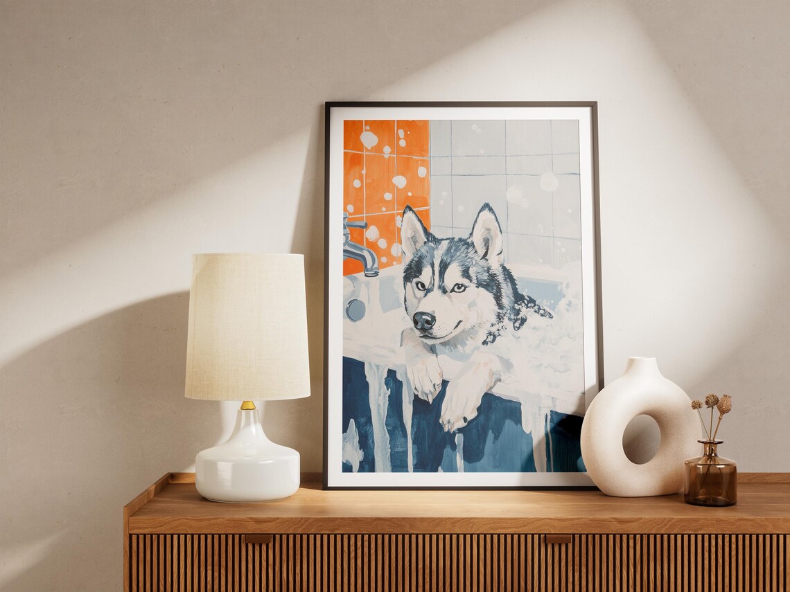 Handsome Siberian Husky in Foamy Blue Bathtub Dog Art Poster - Image 4