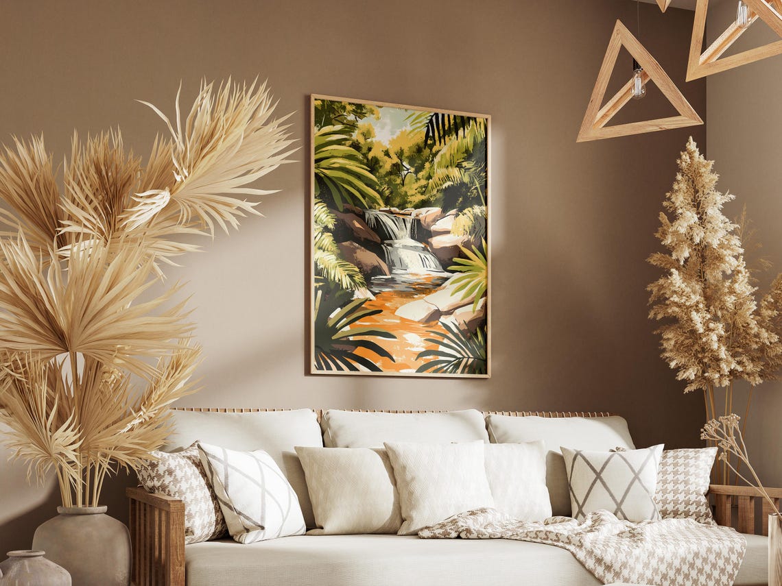 Jungle Waterfall Between Palms and Rocks Tropical Art Poster - Image 3