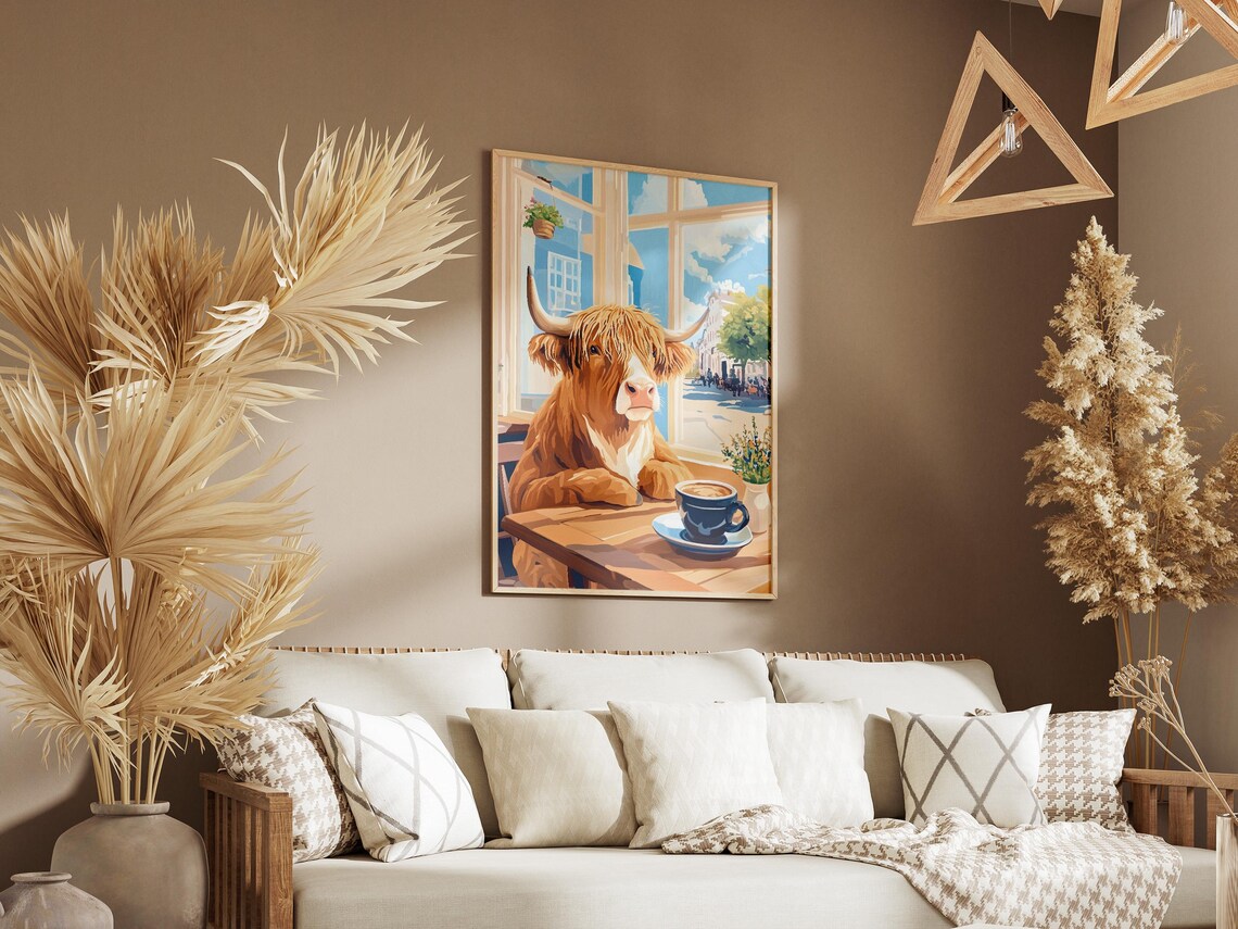 Highland Cow Cafe Whimsical Coffee Shop Animal Portrait Art Poster - Image 3