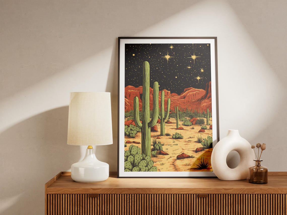 Saguaro Cactus Desert Under A Starry Night Sky Vintage Poster - Image 5