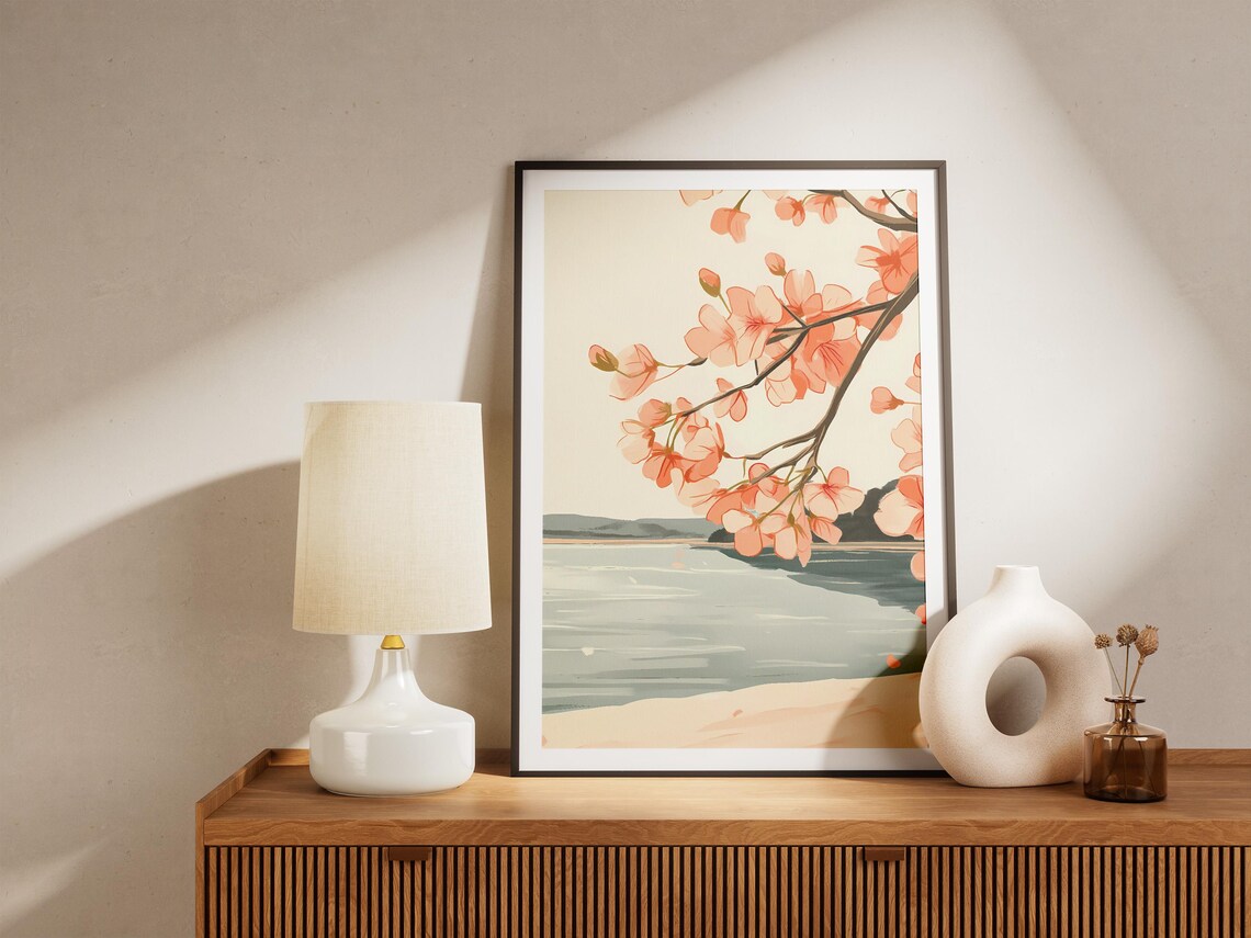 Pink Blossom Branch Over Calm Lake Sandy Shore Minimalist Art Poster - Image 5