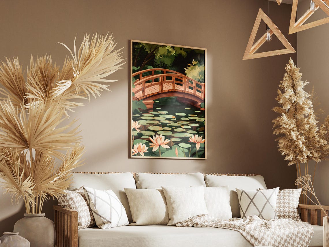 Water Lilies Wooden Bridge Serene Zen Garden Pond Art Poster - Image 3
