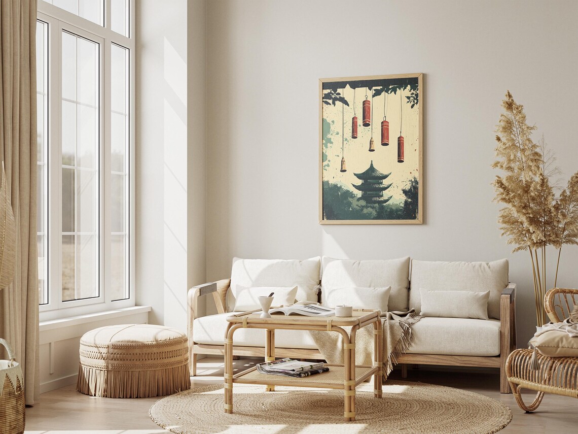 Red Wind Chimes Hanging Above Temple Pagoda Garden Art Poster - Image 4