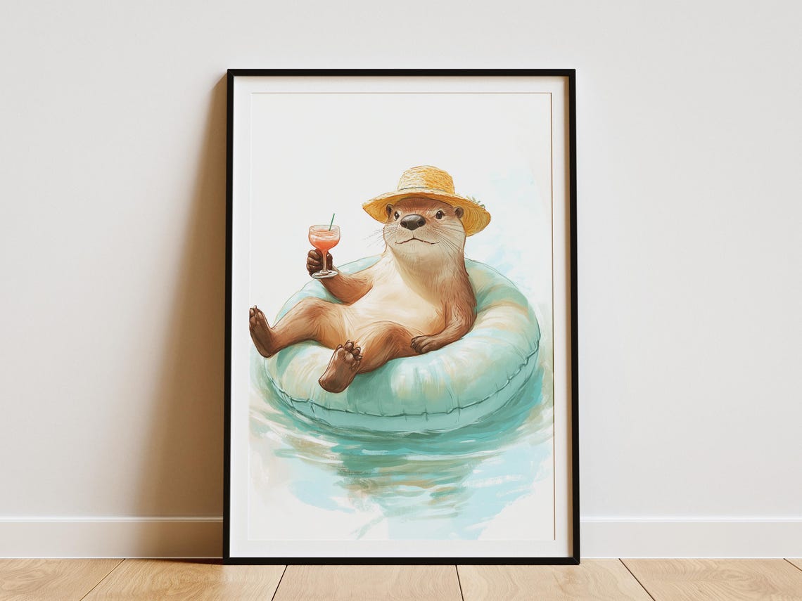 Relaxed Otter in Straw Hat Floating with Cocktail Summer Pool Poster
