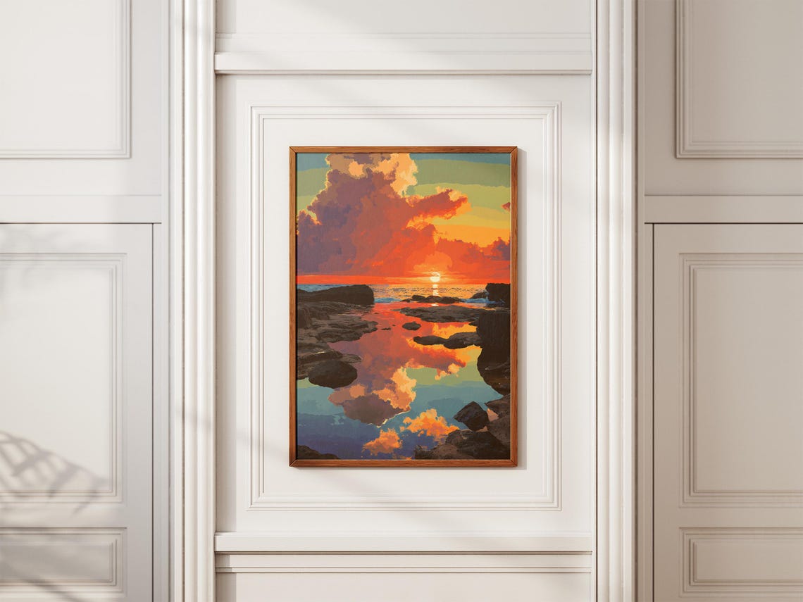 Fiery Sunset Rocky Tide Pools Mirror Reflection Ocean Poster - Image 2