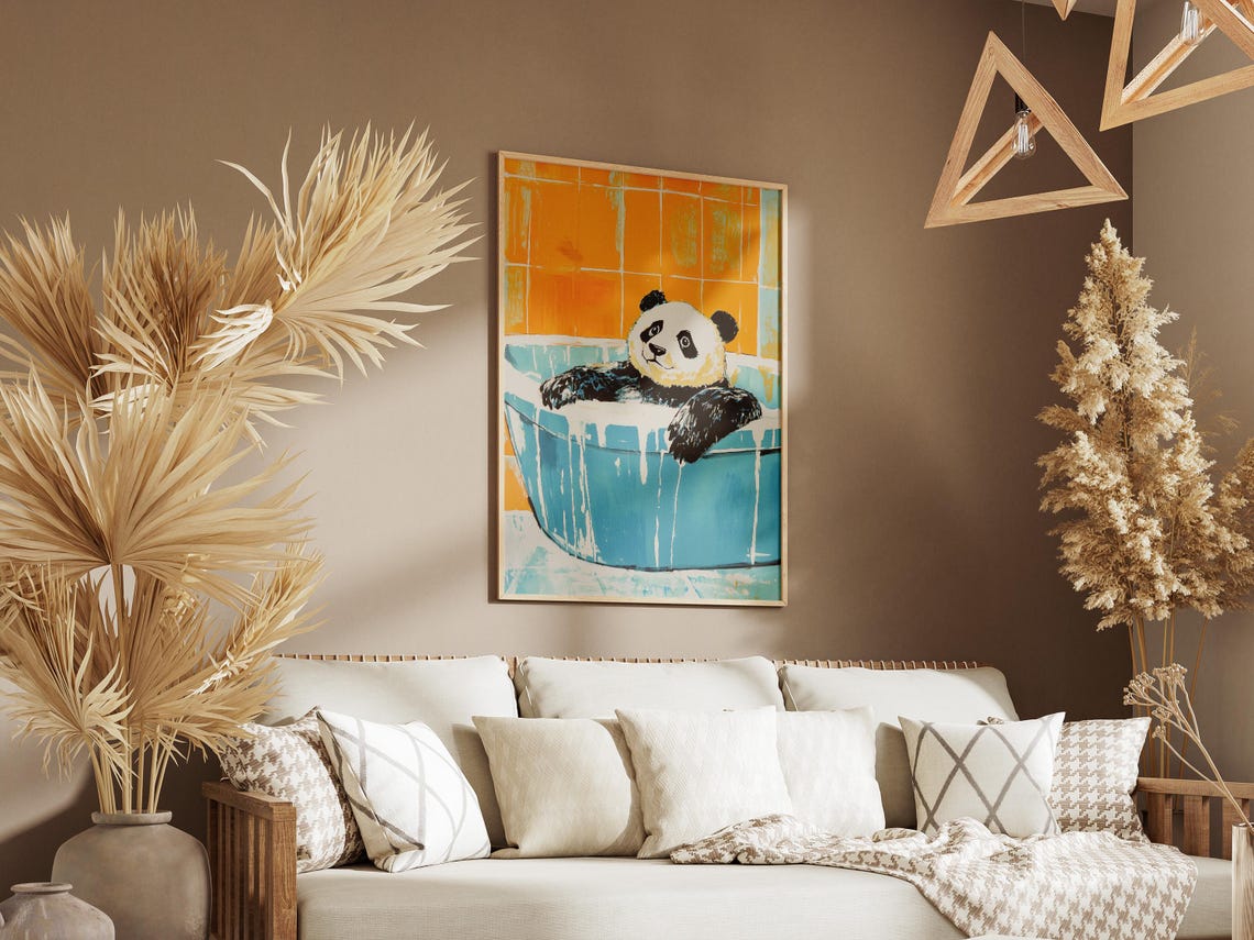 Happy Panda Soaking In Blue Bubble Bath Orange Bathroom Poster - Image 3