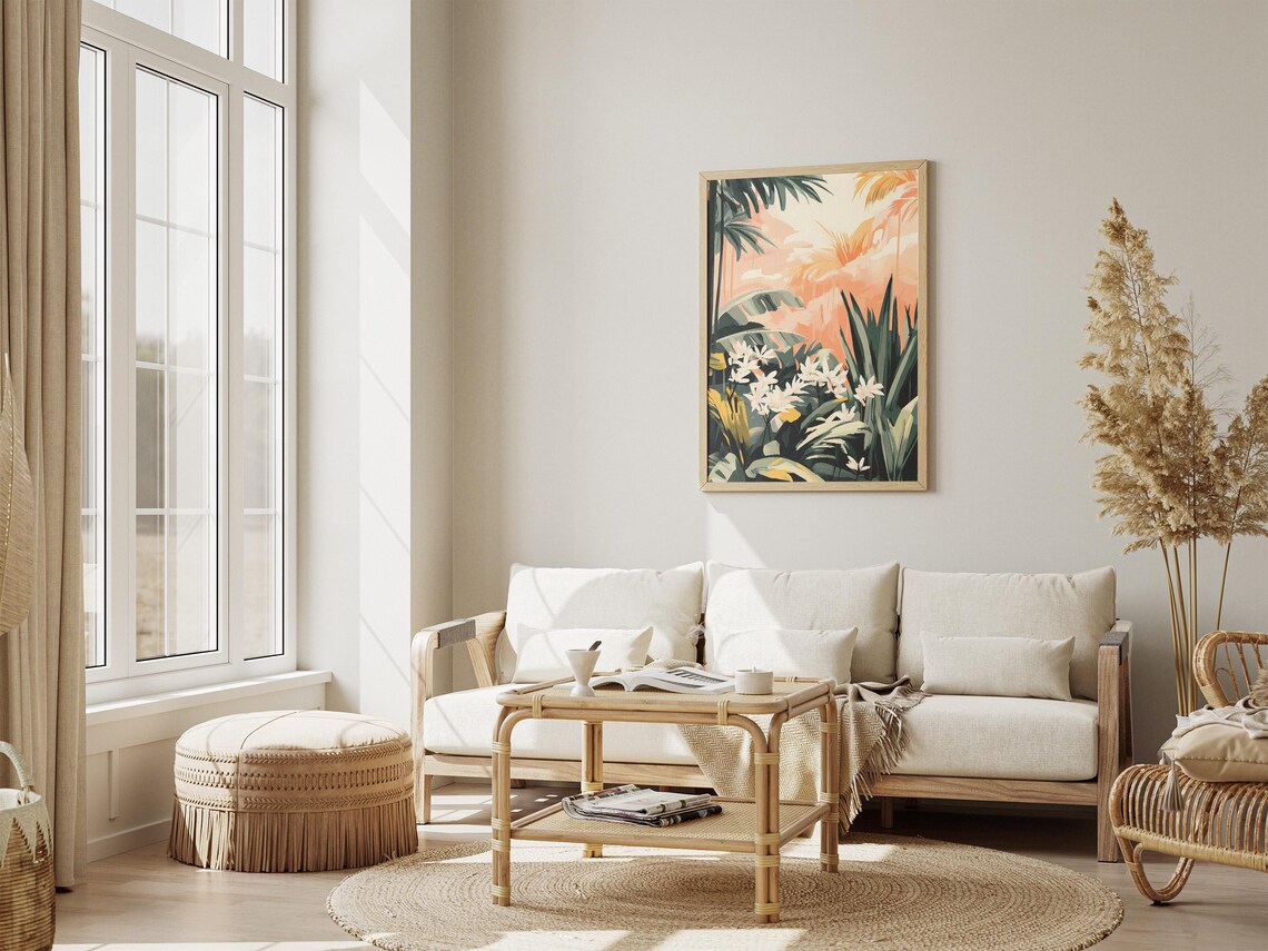 Tropical Palm Leaves And White Flowers Sunset Botanical Poster - Image 4