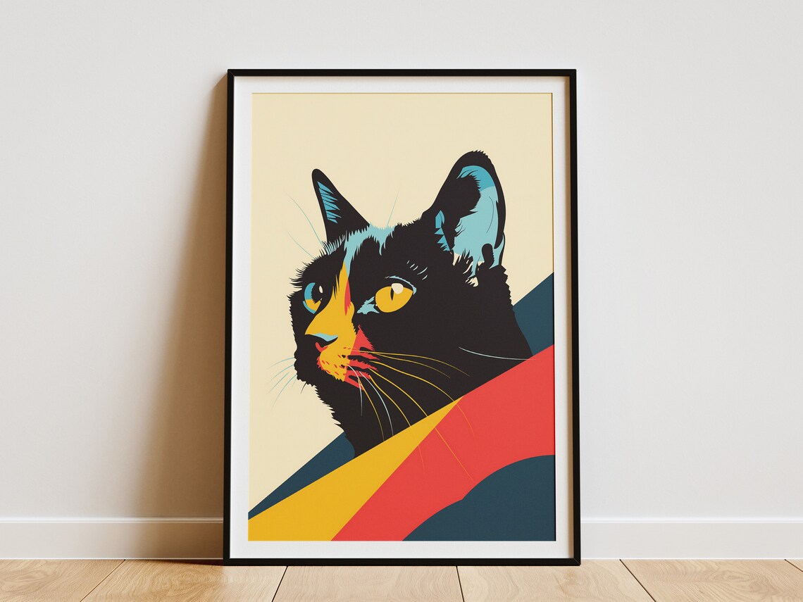 Pop Art Black Cat Face With Golden Eyes Colorful Animal Portrait Poster