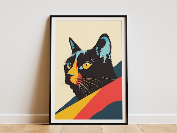 Pop Art Black Cat Face With Golden Eyes Colorful Animal Portrait Poster