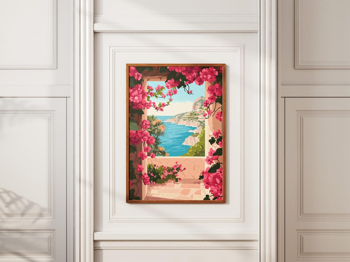 Bougainvillea Arch Coastal Cliff View Pink Blooms Sea Poster - Image 2