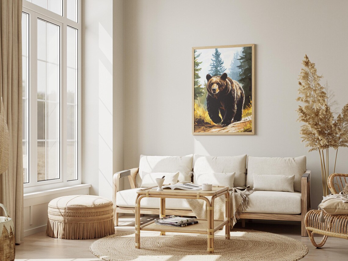 Brown Bear Walking in a Misty Pine Forest Wildlife Art Poster - Image 3