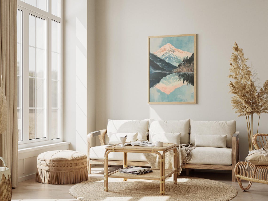 Soft Blush Snow Peak Reflection in Alpine Lake Watercolor Poster - Image 4