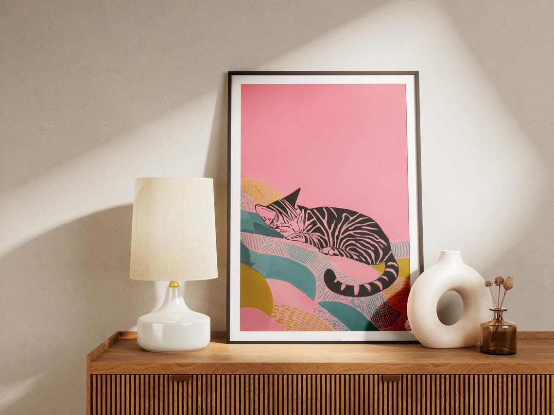 Sleeping Striped Tabby Cat on Pink Modern Abstract Art Poster - Image 4