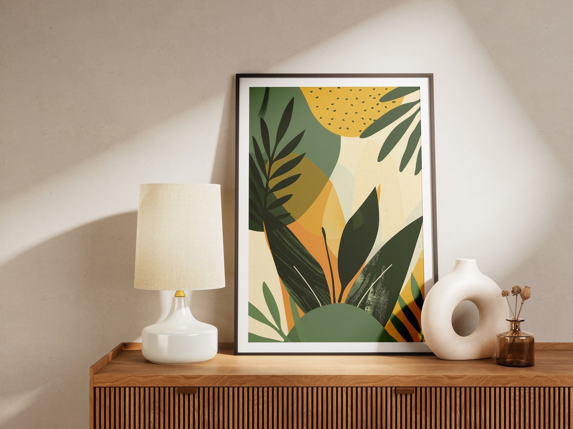 Tropical Green Foliage Under Golden Sun Modern Botanical Art Poster - Image 2