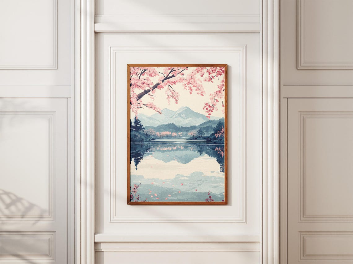Cherry Blossom Branches Over Mountain Lake Reflection Art Poster - Image 2