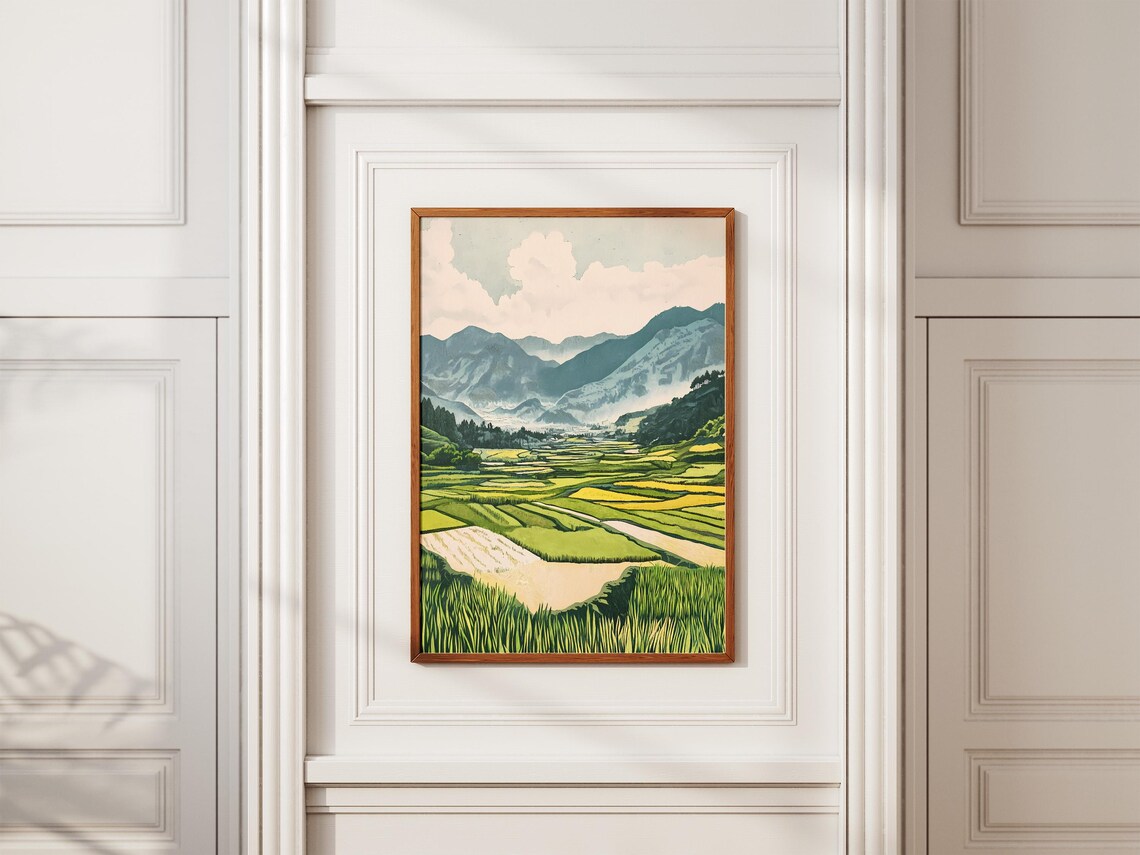 Rice Terraces Valley Pink Clouds Japanese Landscape Art Poster - Image 2