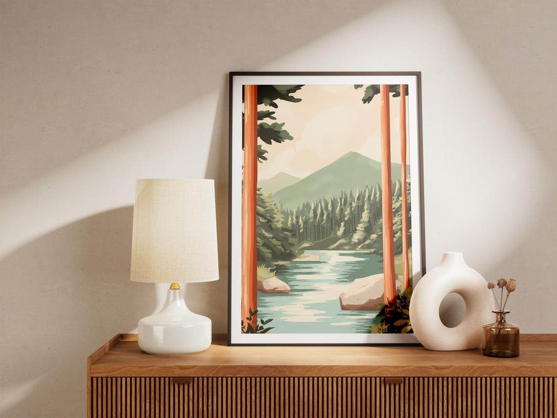 Forest River Between Towering Redwood Trunks Mountain Poster - Image 5