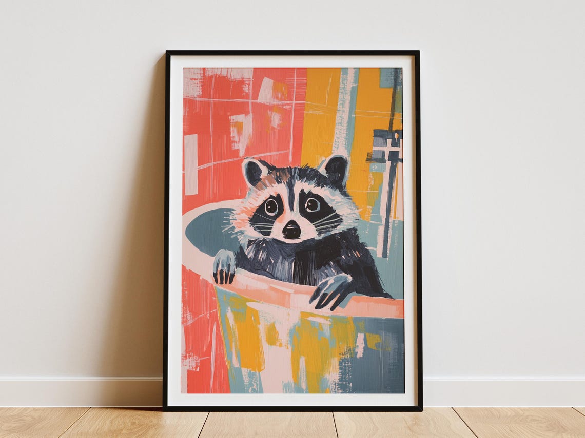 Painting Raccoon In Shower Bathroom Poster Print Modern Animal Art Cute Raccoon Painting Funny Animal Wall Decor Whimsical Bath Poster