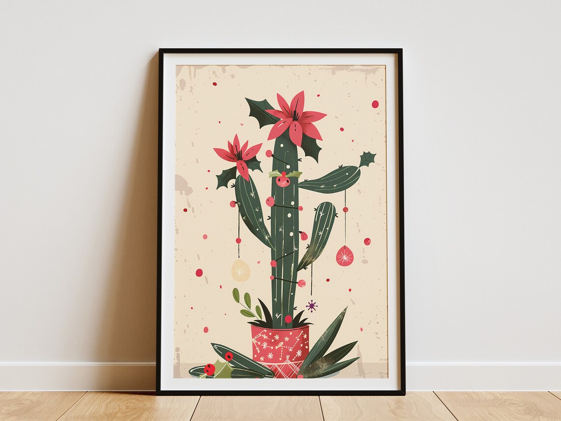 Christmas Cactus Decorated Holiday Tree Festive Botanical Poster