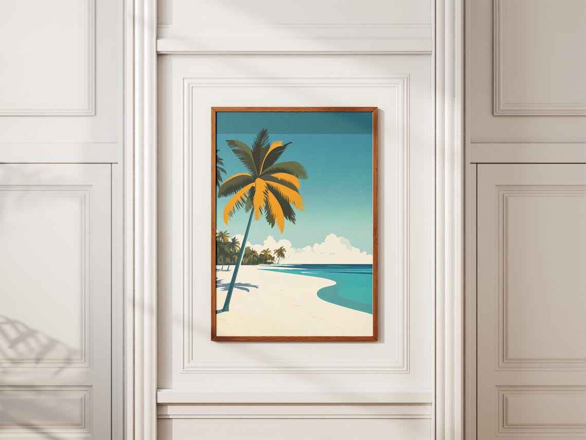 Maldives Tropical Beach with a Single Leaning Palm Tree Art Poster - Image 2