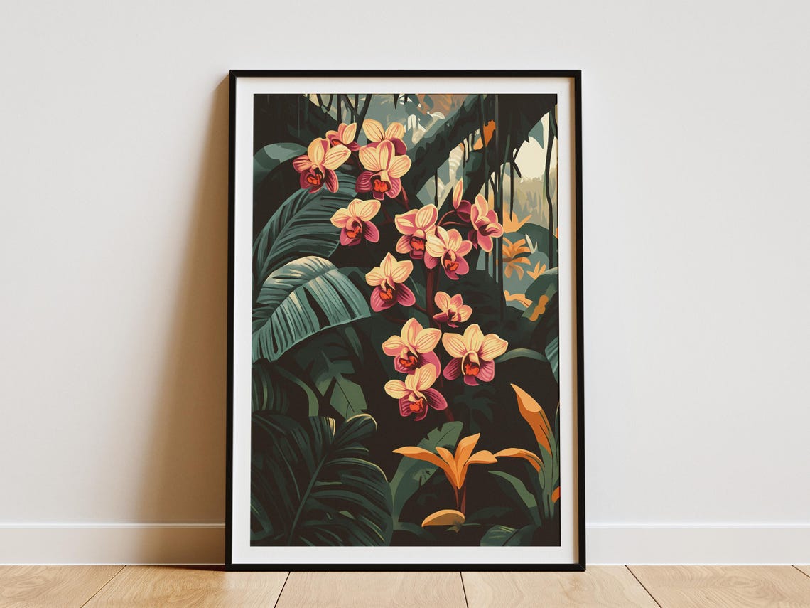 Pink Orchid Blossoms on a Tropical Rainforest Tree Botanical Poster