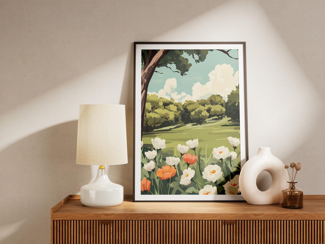 Sunny Forest Meadow With White And Orange Tulips Under Tree Poster - Image 5