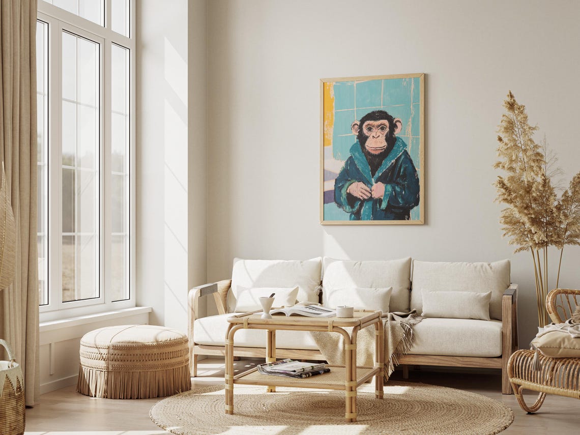 Chimpanzee Teal Bathrobe Bathroom Modern Funny Primate Ape Art Poster - Image 3
