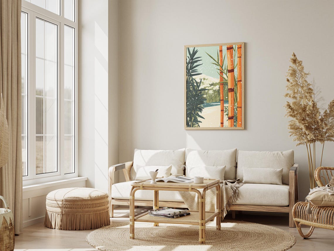 Snow Falling on Orange Bamboo Stalks Beside a Garden Pond Poster - Image 4