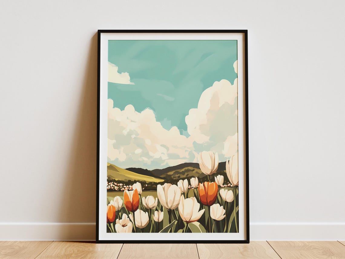 White And Orange Tulip Field Cloudy Teal Sky Blooming Spring Poster