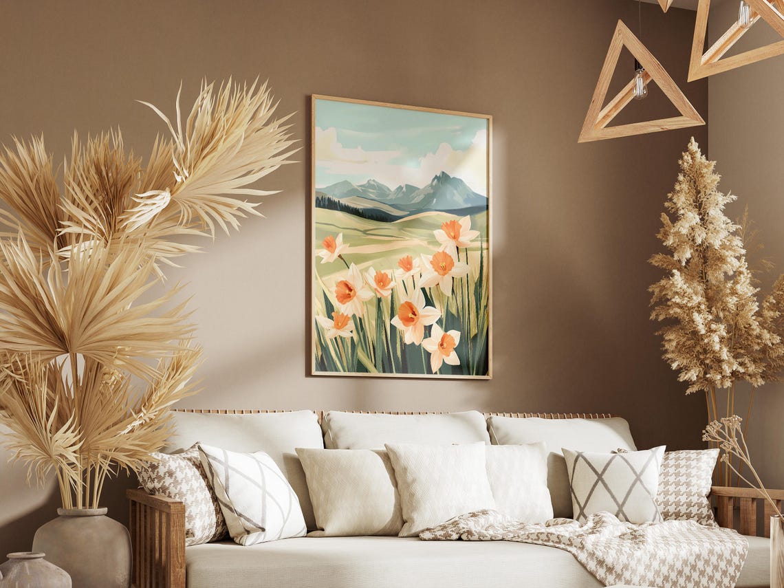 Daffodil Meadow In Green Valley Below Rocky Mountain Peaks Poster - Image 3