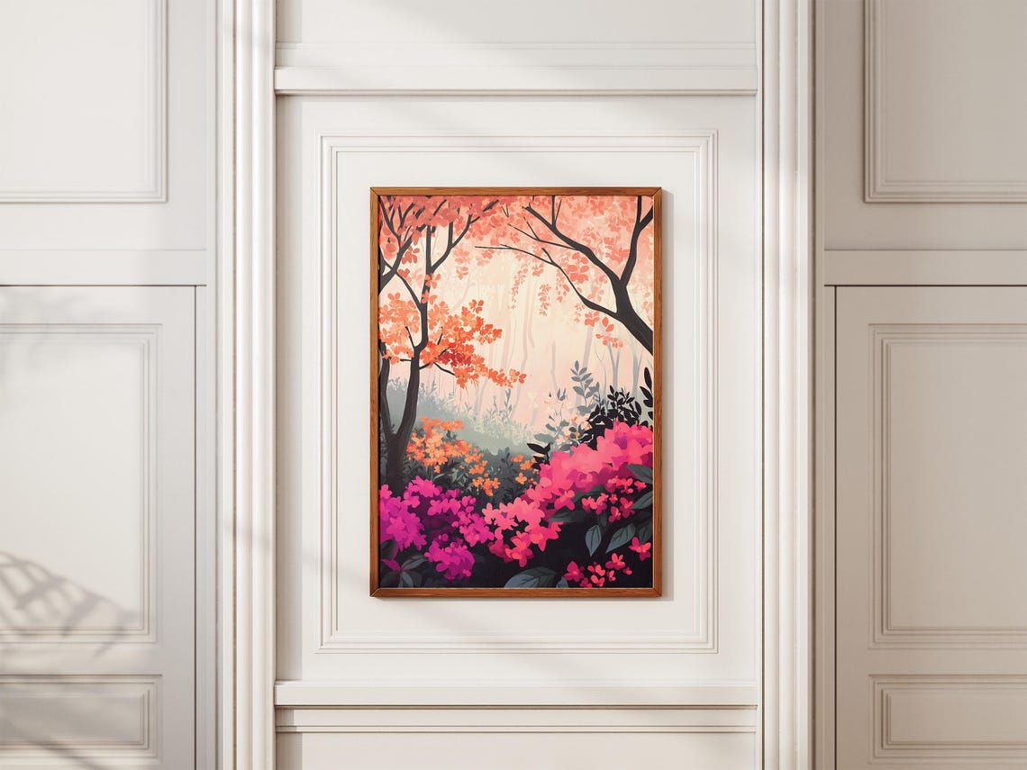 Coral Tree Canopy With Magenta Azaleas Poster in a Misty Garden - Image 2