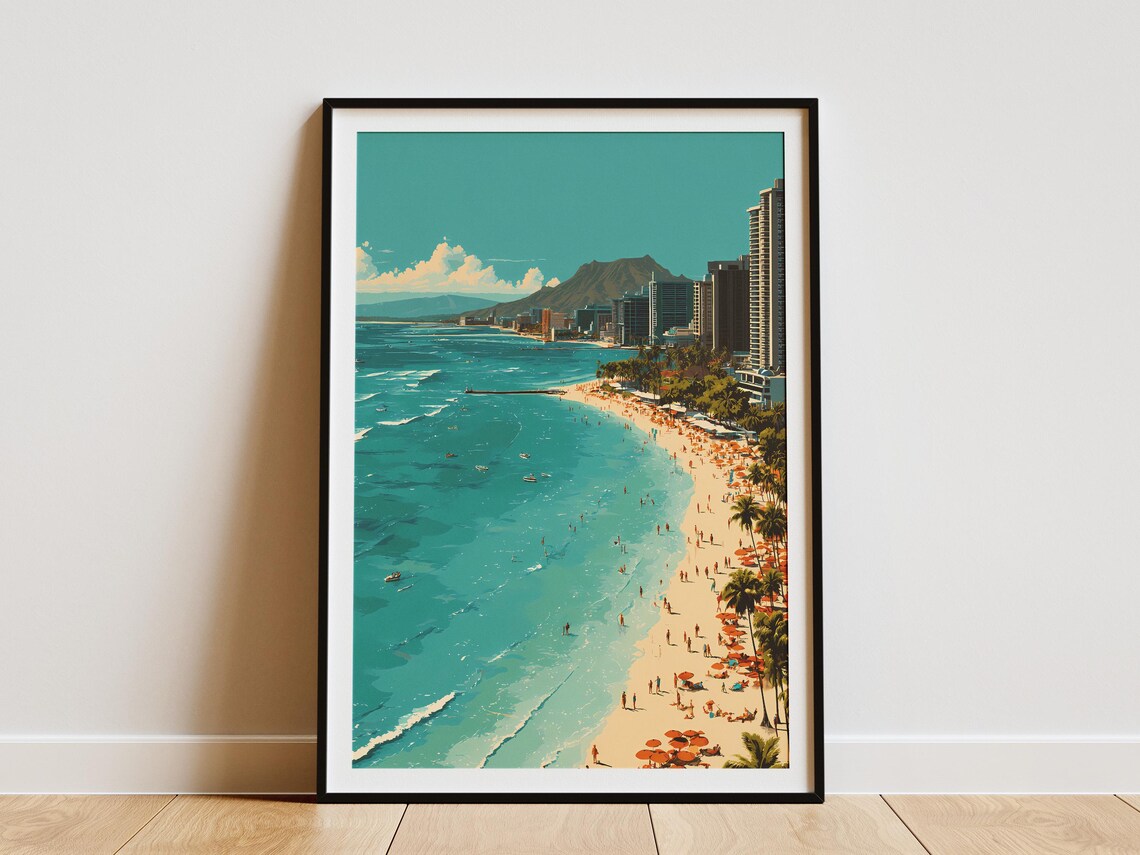 Waikiki Beach Vintage Travel Poster Diamond Head Honolulu Hawaii Art
