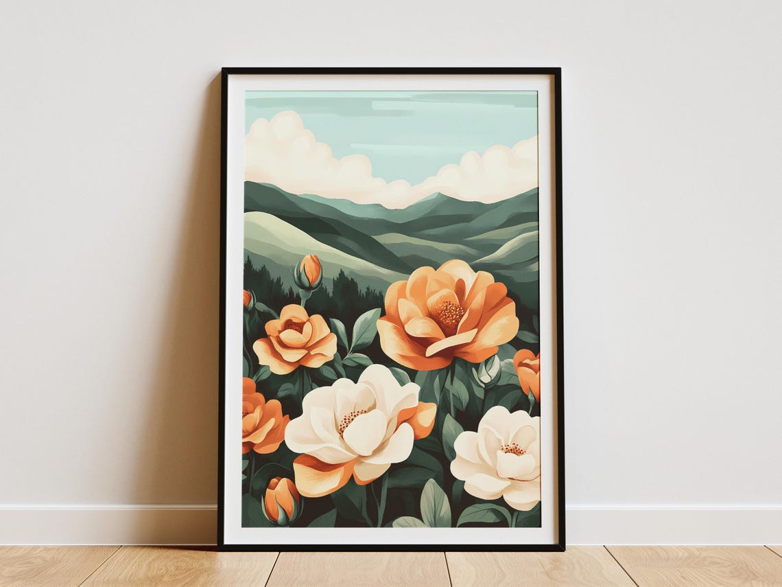 Peach And Cream Roses Blooming Before Rolling Green Mountains Poster
