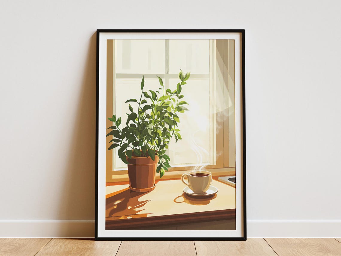 Sunlit Windowsill With Potted Plant And Steaming Tea Cup Poster