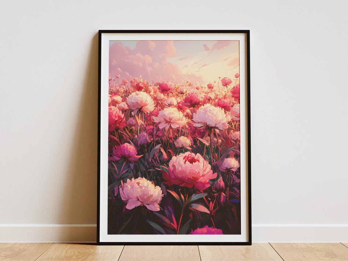Pink Peonies Field Romantic Floral Sunset Blush Illustration Poster