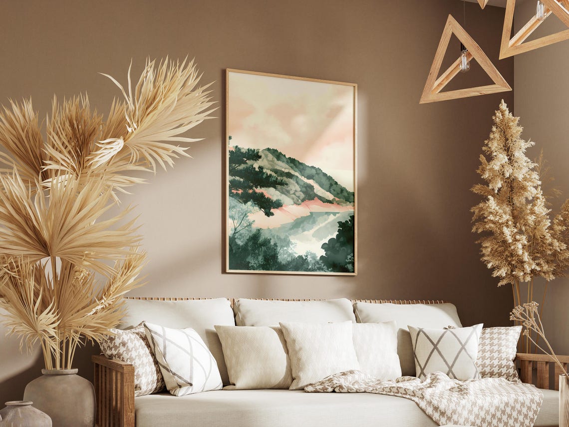 Serene Misty Pine Forest River Valley Watercolor Landscape Poster - Image 3