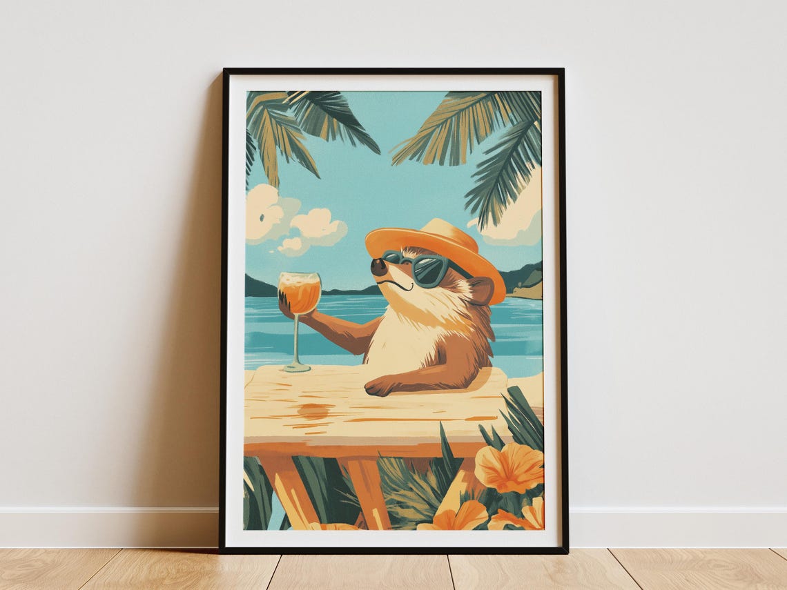 Hedgehog In Sunglasses And Sun Hat Raising Cocktail Beach Poster