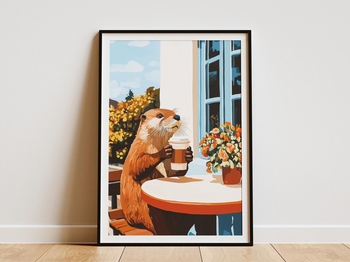 Cheerful Otter with Takeaway Coffee at Flower Filled Cafe Poster